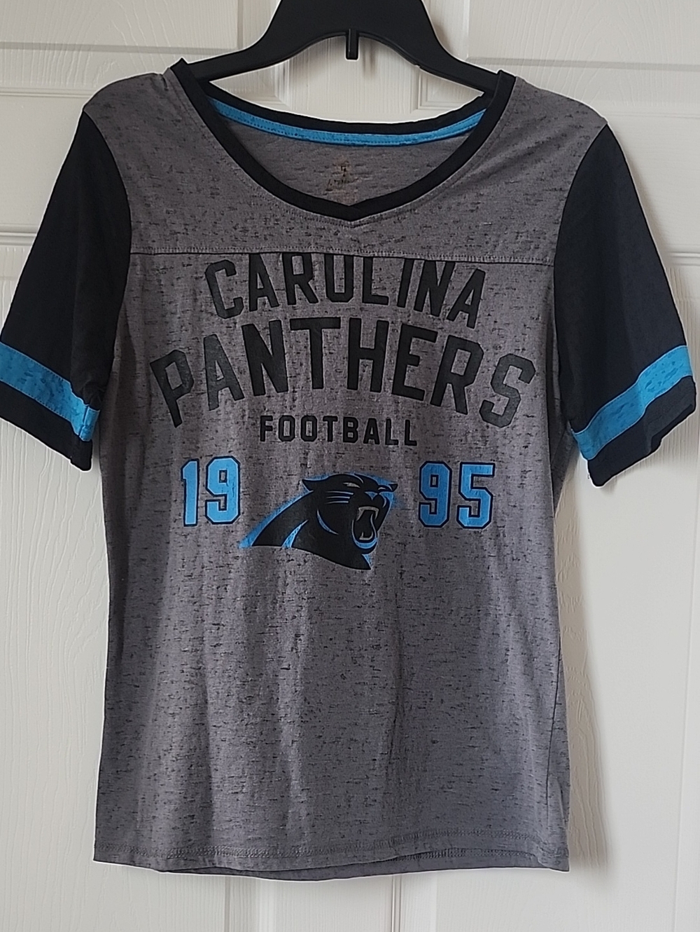 Carolina Panthers Womens Dark Gray Black & Blue Founding Year Football T‑Shirt